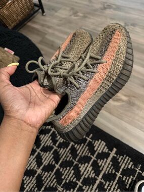 Yeezy Kids Olive and Coral Stripe Knit Sneakers